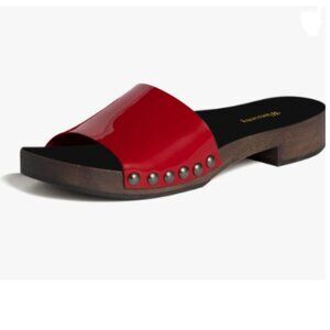 Wansseny Red Open Toe Rivet Studed Mules Slip on Flatform Low Heel Clogs Sandals